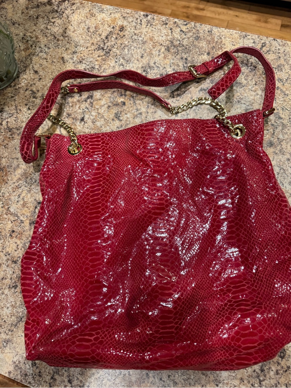 Michael Kors Red Snake-Embossed Shoulder Bag with Gold Chain Strap